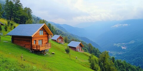 Obraz premium A group of wooden chalets nestled on a green hillside, overlooking vast valleys below