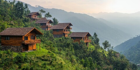 A group of wooden chalets nestled on a green hillside, overlooking vast valleys below