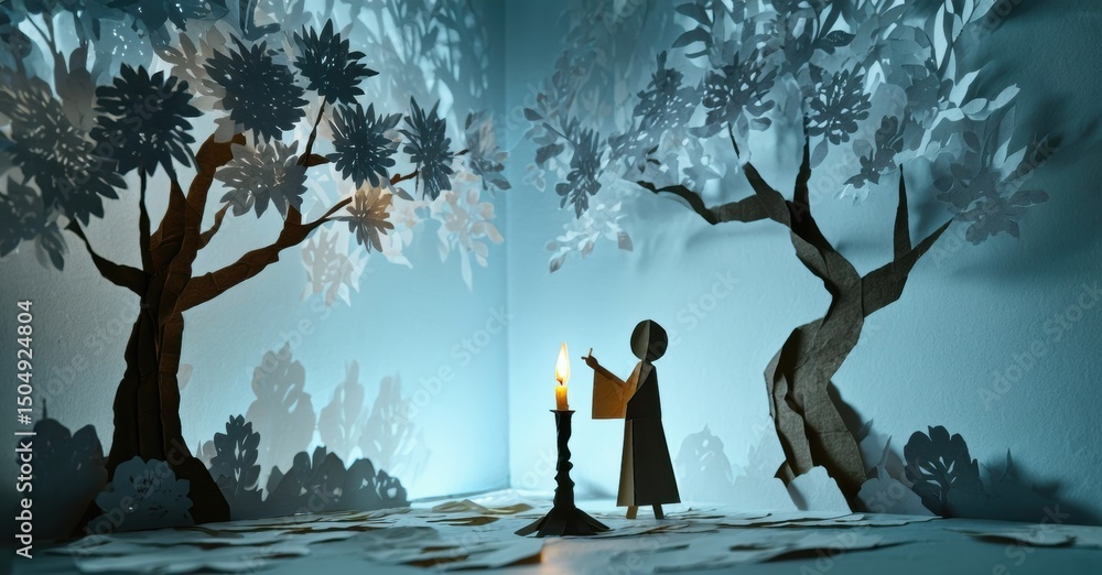 Poster papercraft scene depicts figure holding candle. trees surround small space, creating surreal, minima