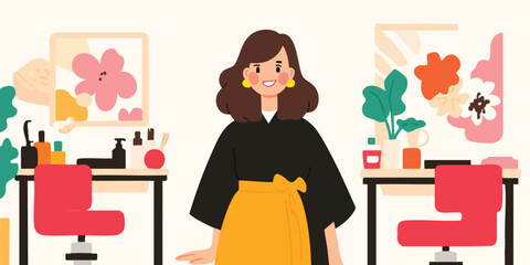 A confident stylist stands in her modern salon, ready to transform clients. The scene evokes a sense of professional beauty, care, and modern aesthetic. 