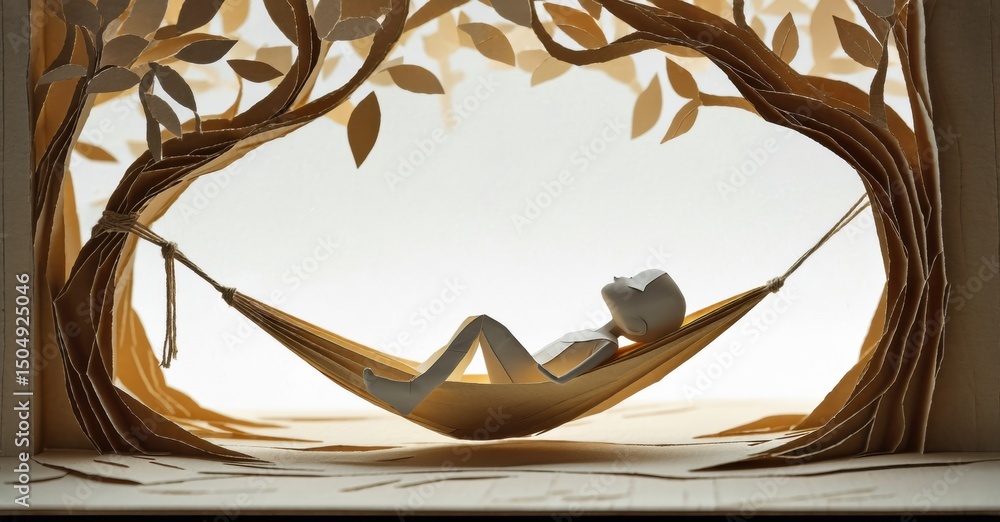 Poster Papercraft scene depicts person relaxing in hammock. Trees frame view, creating cozy, serene atmosphere. Light filters through leaves.