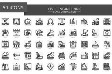 Civil engineering black outline icon pack. Contain abutment, blueprint, builder, cantilever, concrete, compactor, gabion and more. Vector for development, construction, UI, UX, web and app development