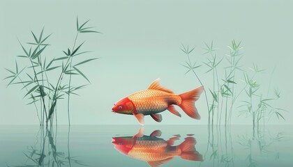 Obraz premium A vibrant koi fish swims gracefully among bamboo stems, reflected in calm, clear water with a minimalist background.