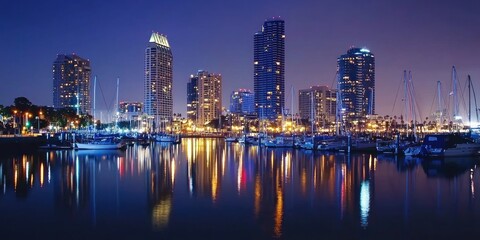 Fototapeta premium A harbor with sailboats docked, framed by a glowing metropolitan skyline