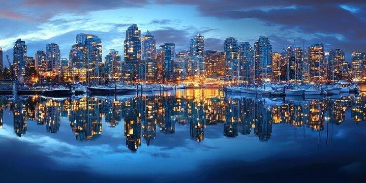 A harbor with sailboats docked, framed by a glowing metropolitan skyline