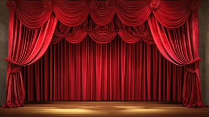 Empty stage with red velvet curtain. Concept mockup for product display design. 3D render