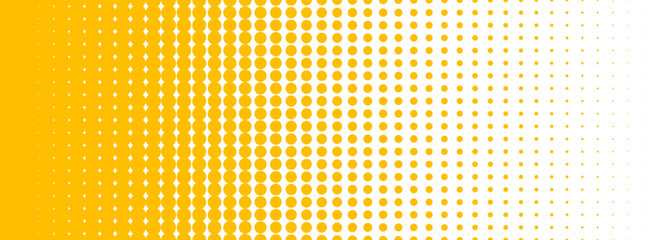 Naklejka premium Yellow halftone gradient texture. Vanishing cartoon polka dot background. Repeated dotted gradation pattern. Fading comic pop art overlay backdrop. Rasterized halfton patern effect wallpaper. Vector