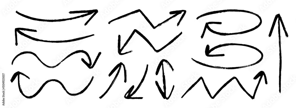 Poster hand drawn arrow marker collection. black curve, zig zag and straight doodle arrows set. vector past