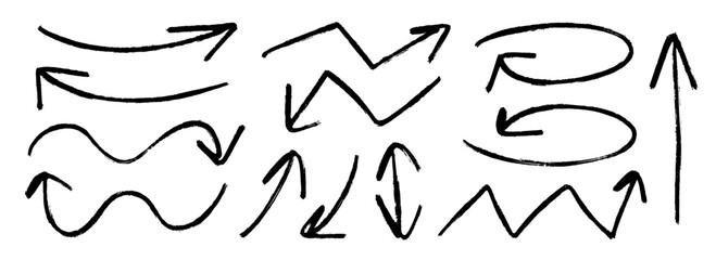 Hand drawn arrow marker collection. Black curve, zig zag and straight doodle arrows set. Vector pastel pencil, chalk or crayon brush stroke elements. Grunge charcoal sketch pointers or direction lines