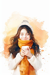 Smiling woman winter scarf hat holding cup watercolor style warm joyful illustration