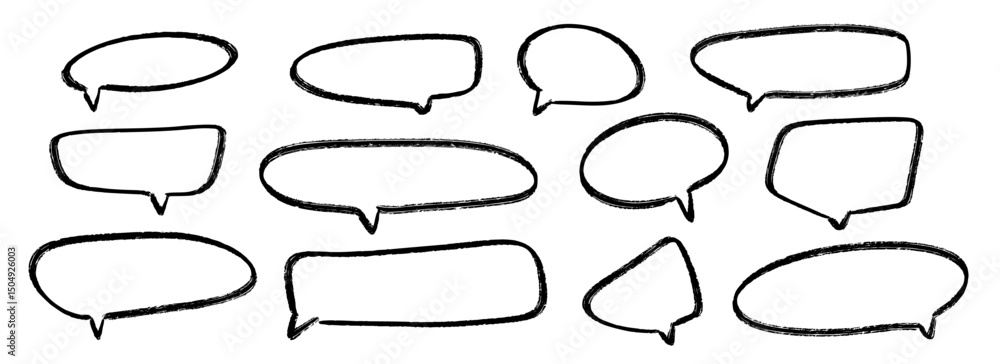 Poster hand drawn speech bubbles collection. doodled crayon dialog box set. sketched textured comic talk fr