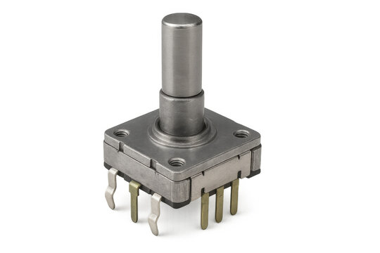 Variable resistor with metal control knob, highlighting precision engineering and electronic component functionality against clean transparent backdrop