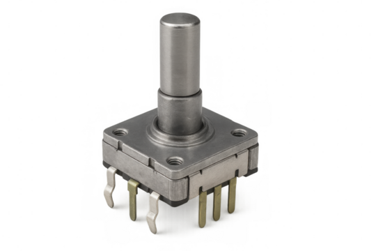 Variable resistor with metal control knob, highlighting precision engineering and electronic component functionality against clean transparent backdrop