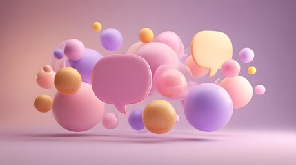 Floating pastel speech bubbles in a minimalist gradient space, symbolizing the exchange of feedback and creative ideas.