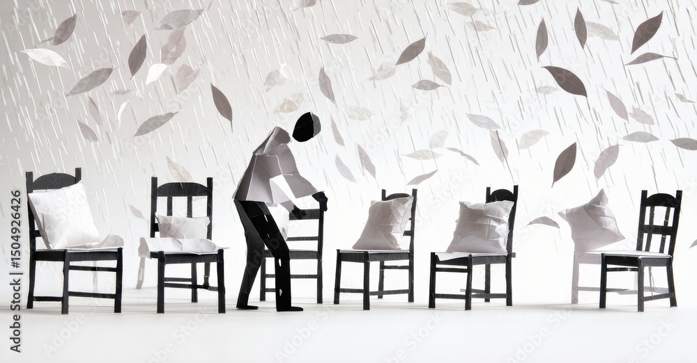 Poster person arranging pillows on empty chairs. minimalist scene, monochrome palette, abstract background 