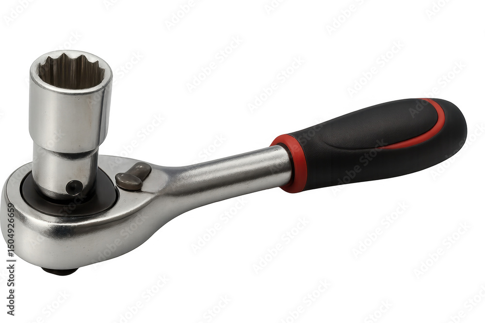 Poster chrome ratchet wrench with black and red ergonomic handle and attached socket isolated on transparen
