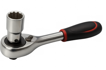 Chrome ratchet wrench with black and red ergonomic handle and attached socket isolated on transparent background, ready for mechanic's use