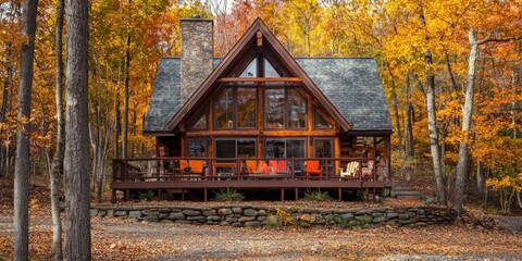 A hidden forest retreat nestled among colorful fall foliage