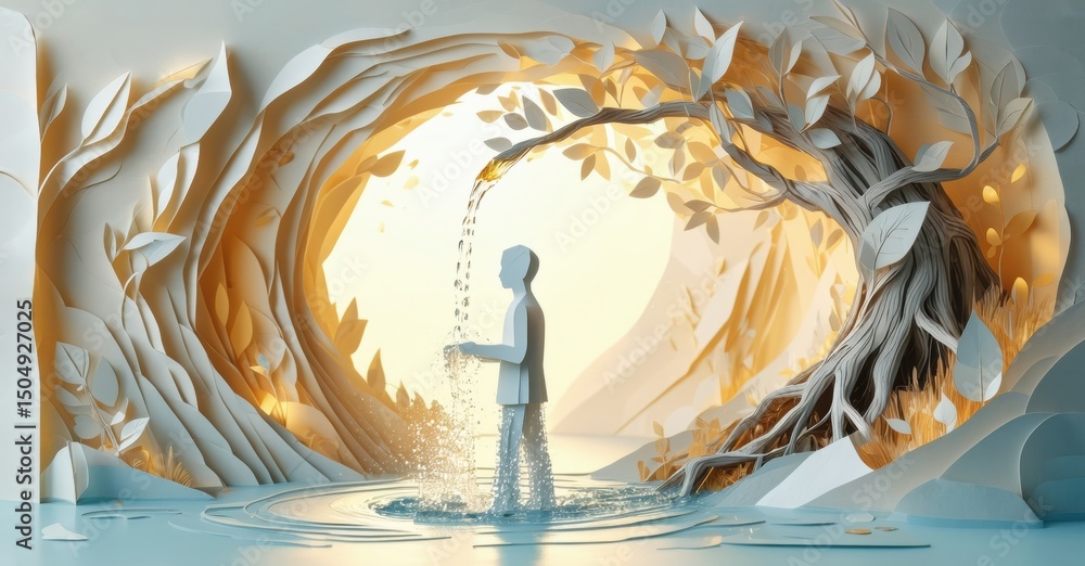 Poster papercraft scene depicts person receiving water stream within tree tunnel. soft lighting creates cal