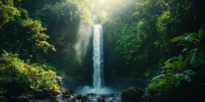 A hidden jungle waterfall with mist rising in the sunlight