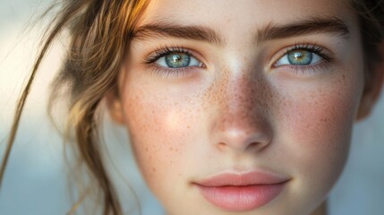 Obraz premium Young Woman with Freckles and Blue Eyes, Natural Beauty and Skincare Concept