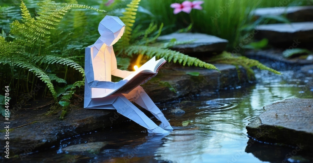 Poster Paper figure sits reading beside small stream. Lush greenery surrounds tranquil scene. Light illuminates open book, creating soft glow.
