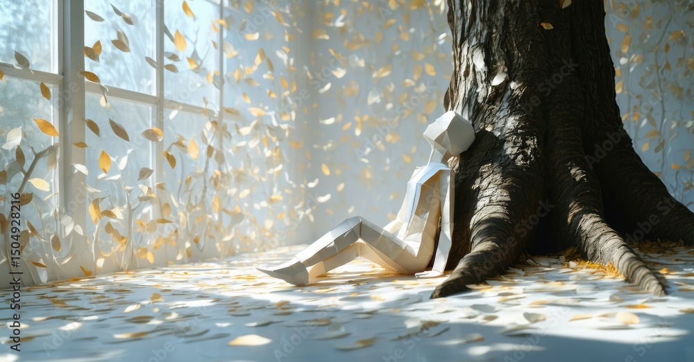 Poster Paper figure sits near tree roots. Falling leaves create soft, dreamy atmosphere. Light streams through window, illuminating scene.