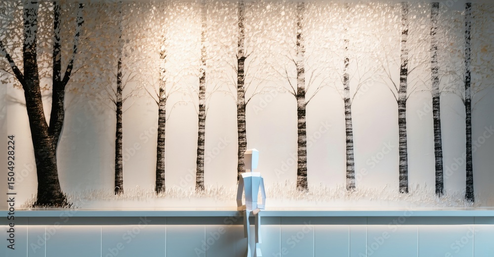 Poster minimalist scene. birch trees dominate backdrop. small white figure stands before wall, creating sta