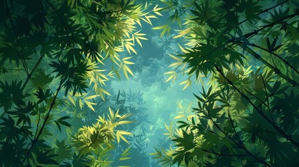 Sunlight filters through lush green bamboo leaves, creating a serene and vibrant forest canopy scene.