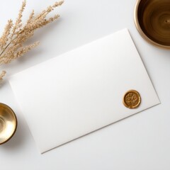 Elegant white envelope with a gold wax seal, dried flowers, and golden bowls on a clean, minimal background.