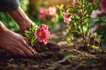 Fototapeta premium Hands tenderly sowing flowers and seeds in peaceful garden symbolizing new life growth and mental health awareness