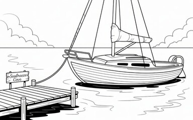Sailboat Docked at Seabreeze Cove Pier in Black and White Line Art Style