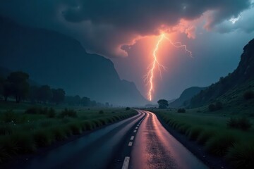 Vertical sheets of rain obliterate dark landscape , torrential, drops, dramatic