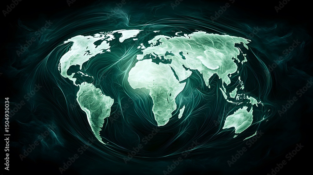 Poster a stylized image of the world map is presented, rendered in a teal and white color scheme. the conti