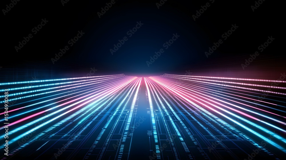 Poster the image shows a digital representation of a highway or data stream, with glowing pink and blue lin