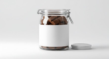 A glass jar of chocolate jam with the lid open and white mockup, positioned in the middle of a white background
