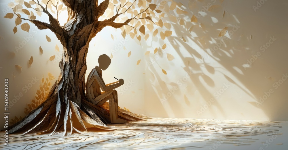 Poster man sits beneath tree, sketching. warm light filters through leaves, creating peaceful scene. ground