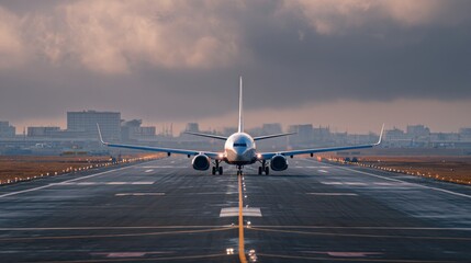Airplane taking off at airport runway aviation photography urban environment dynamic perspective