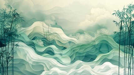 Abstract landscape with layered waves, misty clouds, and bamboo plants creates a tranquil, artistic scene in shades of green and white.