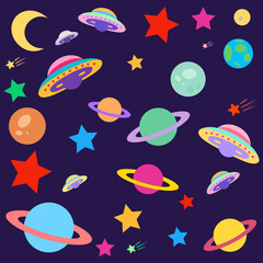 Cute and Colorful Space Background with Planets, Stars, Moon, Earth, UFOs and Shooting Stars (Navy) © inu_neko_その他