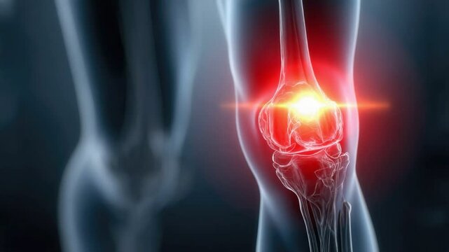 Knee pain: An artistic illustration depicts the internal structure of a knee joint, with a specific focus on inflammation and pain, potentially due to arthritis or injury.