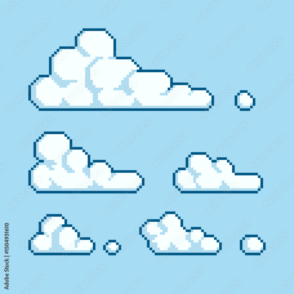 Poster clouds icon, 80s pixel art set. flat style. 1-bit sprite. game assets. cloud isolated vector illustr