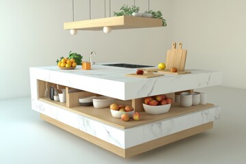 Modern Minimalist Kitchen Design with Marble and Wood Accents in White Color Room