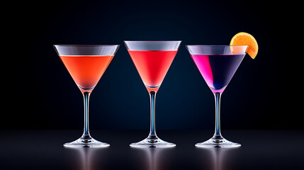 Colorful Cocktails Displayed on a Dark Surface With Vibrant Lighting in an Elegant Setting