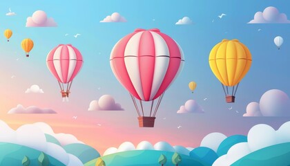 Colorful hot air balloons float over a scenic landscape with clouds and hills under a pastel sky.