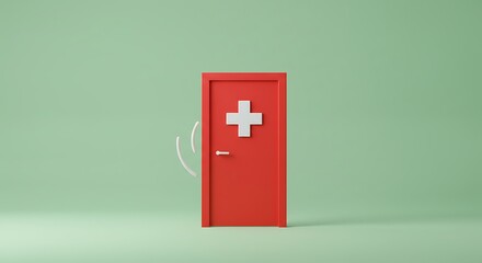 Abstract red and white door with plus symbol on pale green backdrop