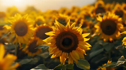 Obraz premium A field of sunflowers bathed in the golden light of sunset. The vibrant yellow petals and dark centers create a stunning contrast against the soft background.