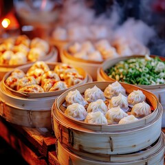 Chinese cuisine concept with dim sum and street food. Delicious dumplings steaming in bamboo baskets at a vibrant food market.
