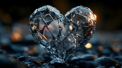 A shattered glass heart rests on dark stones, illuminated by warm light.  The intricate cracks capture the light, creating a dramatic contrast.