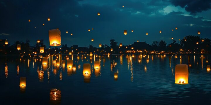 A lake reflecting the soft golden glow of floating sky lanterns - Powered by Adobe
